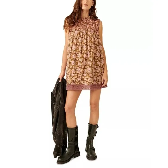 Free People Women's Shea Printed Mini Dress Floral Smocked Brown Pink Medium - Picture 1 of 9